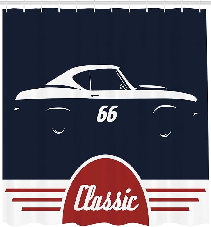 Ambesonne Man Cave Shower Curtain, Classic Vintage Sports Car Muscle Vehicle Silhouette Old Fashioned Style, Cloth Fabric Bathroom Decor Set with Hooks, 69" W x 70" L, Dark Blue
