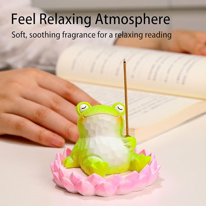Frog Lotus Incense Holder Cute Animal Figurine Incense Burner Flower Stand Ash Catcher Creative Cartoon Resin Frog Statue for Home Room Decor Meditation Yoga Spa