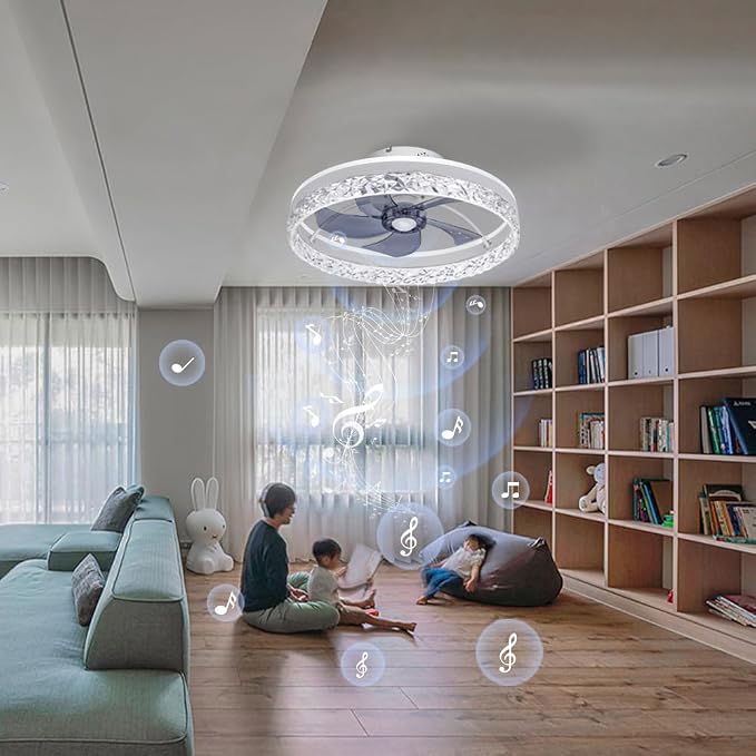 Low Profile Flush Mount Ceiling Fan with Light and Bluetooth Speaker, Smart Ceiling Fan with 6 Speeds, Reversible Airflow, APP/Remote Control for Bedroom