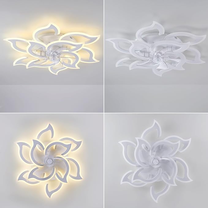 38" White Geometric Ceiling Fan with Light Remote Control, 3 Light Color 6 Speeds LED Flower Flush Mount Low Profile Ceiling Fan for Living Room