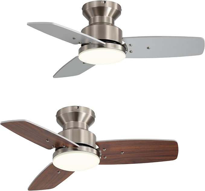 42 Inch Ceiling Fans with Lights and Remote, Bedroom Living Room Office, Flush Mount, 6CCT Dimmable, Dual Color 3 Blades 6 Speed Reversible Quiet DC Motor, Sand-Nickel/Wood Grain, 2 Pack
