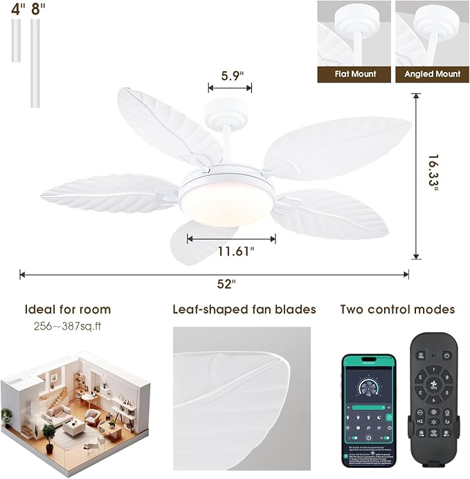 PHORUS 52" White Tropical Outdoor Palm Leaf Ceiling Fans with Lights Remote | Supports Remote and APP, 6 Wind Speeds, Reversible, Dimmable 3CCT LED, 50W Quiet DC Motor,Suits for Living Room Bedroom Patio