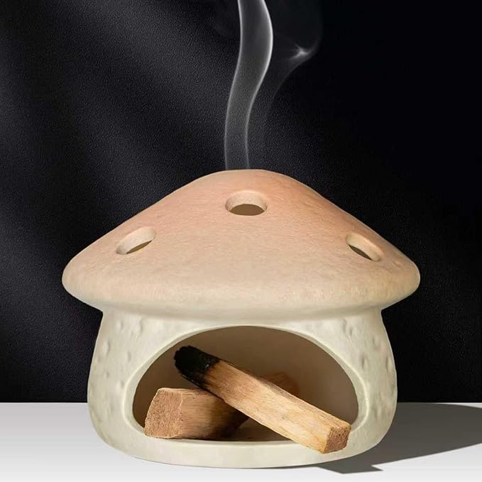 Mushroom Palo Santo Holder Chimney Burner, Ceramic Smudge Bowl for Sage Cones Incense Sticks, Cute Aromatherapy Yoga Meditation Home Decor (Pink)