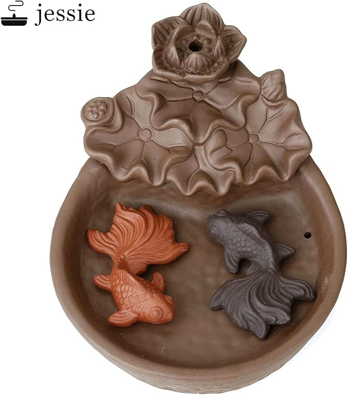 NewEGG Two Fishes Ceramic Purple Clay Smoke Backflow Incense Cone Sticks Burner Holder