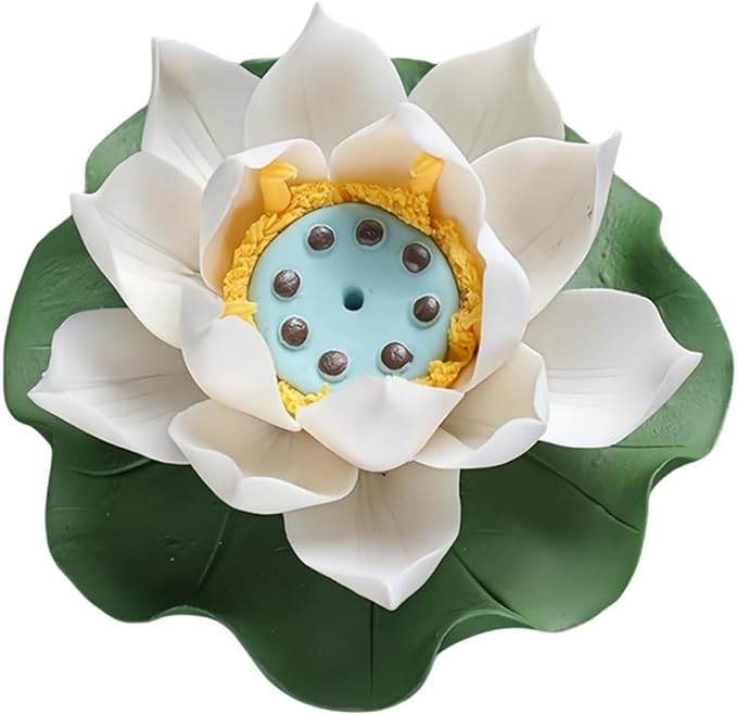 Lotus Incense Holder for Mosquitos - White Ceramic Bloom with Leaf Tray, Aromatherapy Decor, Meditation Gift Set, Zen Home Office Desk Altar Decor (Handmade, Ash Catcher, Unique Holiday Present)