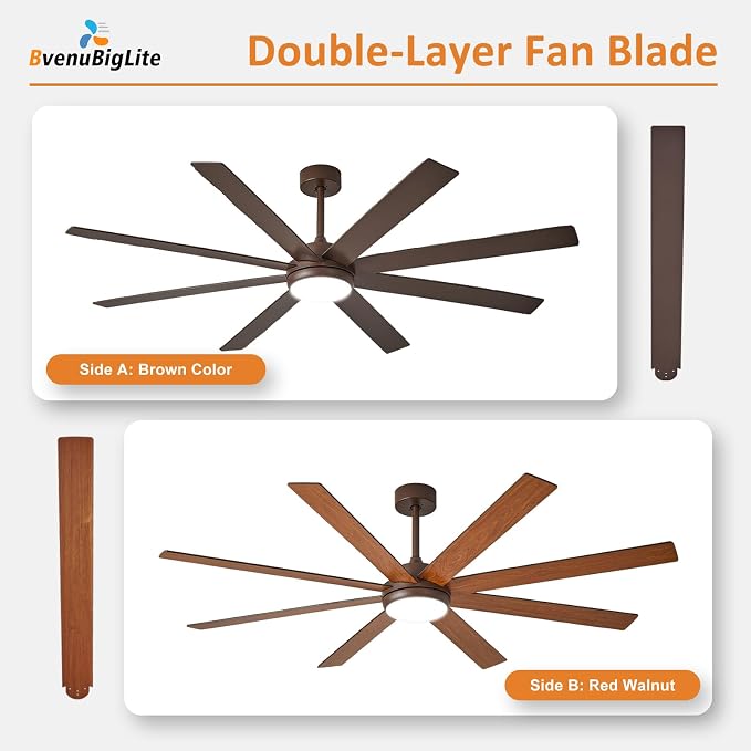 Large Ceiling Fan with Light: 66 Inch Indoor/Outdoor Fan Reversible DC Motor 6 Speed - Dual 8 Blades Big Ceiling Fans with Lights Dimmable 3CCT for Living Room Covered Patio, Brown