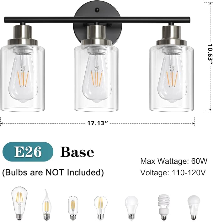 Unicozin Modern Bathroom Light Fixtures, 3 Light Vanity Lights, Black and Brushed Nickel Wall Lamp with Clear Glass for Bathroom, Mirror, Living Room, Bedroom, Hallway, E26 Base