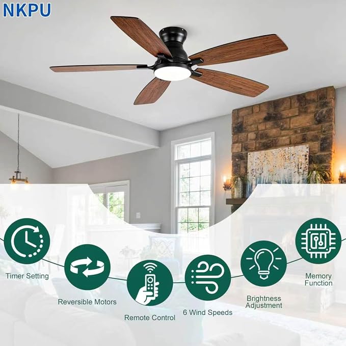NKPU Ceiling Fans with Lights, Low Profile Ceiling Fan with Light and Remote/APP Control, DC Motor, Noiseless, Flush Mount, 52inch Brown Ceiling Fan for Bedroom Indoor/Outdoor Use