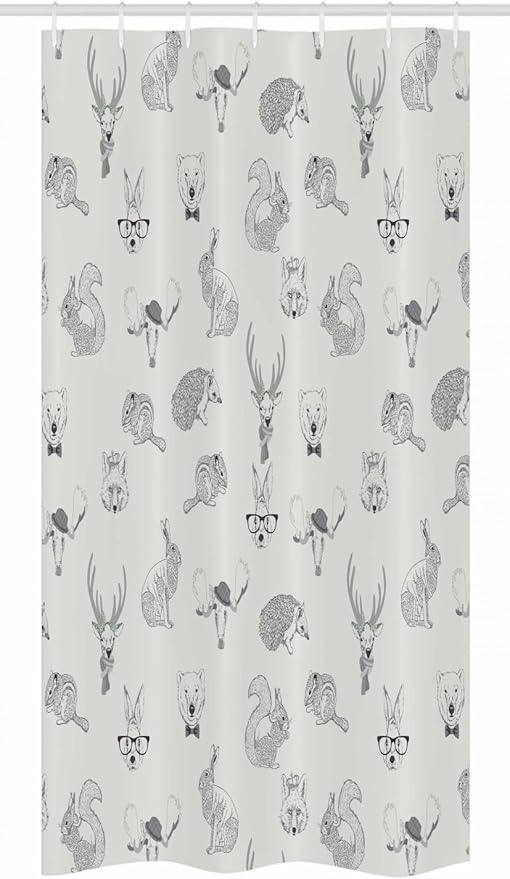 Ambesonne Grey Stall Shower Curtain, Illustration of Weird Forest Animals in Retro Style Rabbit Fox Dear Wild Life Boho Artwork, Fabric Bathroom Decor Set with Hooks, 36" W x 72" L, Grey
