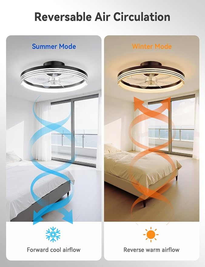 AKOFUN 18" Ceiling Fans with Lights and Remote, Low Profile Flush Mount Ceiling Fan with Light, 3000-6500K Dimmable LED Fan Light, Modern Bladeless Fandelier Ceiling Fans for Bedroom, Black Stripes