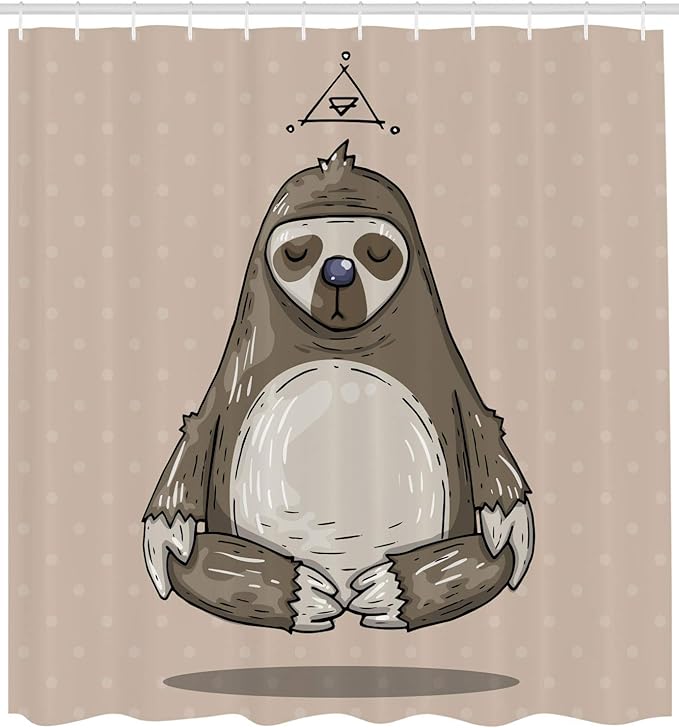 Ambesonne Sloth Shower Curtain, Cartoon Sloth Meditates Lotus Position Relax Lifestyle Comic Inspirational, Cloth Fabric Bathroom Decor Set with Hooks, 69" W x 84" L, Warm Taupe Sage Green