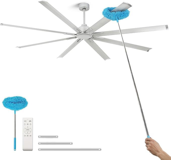 96 Inch Industrial Ceiling Fan No Light, Large Shop Fan with 8 Aluminum Blades, Quiet Reversible DC Motor,6 Speed Remote Control,3 Downrods, Silver Outdoor Ceiling Fans for Patios,Garage,Gym,Warehouse