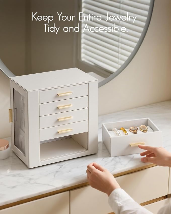 VLANDO 360ｰ Rotating Jewelry Box with 5 Drawers, Large Jewelry Storage with 2 Glass Window, PU Leather Jewelry Organizer for Bracelets, Necklaces, Earrings, Rings - Cloud White