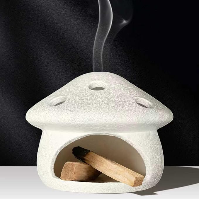 Mushroom Palo Santo Holder Chimney Burner, Ceramic Smudge Bowl for Sage Cones Incense Sticks, Cute Aromatherapy Yoga Meditation Home Decor (White)