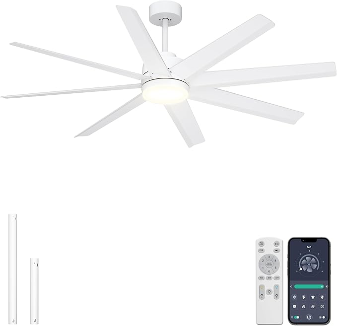 Ohniyou 60" Modern Ceiling Fan with Light for Patio, Porch, Living Room | Remote/App Control, Quiet DC Motor, 3CCT Dimming, Covered Outdoor Fan with 8 ABS Blades, White