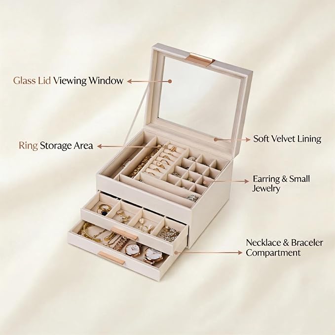 Jewelry Box Organizer with Glass Lid, 3-Layer with Double Drawers, Luxury Velvet Lined Desktop Display Case for Earrings Rings Necklaces, Gift for Women Girls (White)