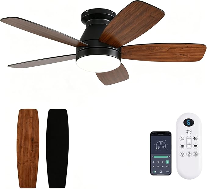 FUMLTP 42inch Ceiling Fans with Lights, Low Profile Ceiling Fan with Light and Remote Control, Flush Mount, Reversible DC Motor, Dimmable, Noiseless,Brown Small Ceiling Fan for Bedroom Indoor/Outdoor