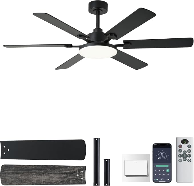 NKPU 56 Inch Ceiling Fans with Lights, Modern Black Ceiling Fan with Light and Remote Control, 6 Double Sided Blades, 6 Speed Reversible Motor, Dimmable LED, Silent Timing, Indoor Outdoor Patio Use