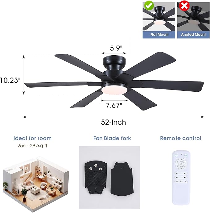 52"6 Blades Black Low Profile Flush Mount Ceiling Fans with Lights Remote | Super Large Airflow with 6 Wind Speeds, Reversible, Dimmable 3CCT LED, 30W Quiet DC Motor,Suits for Bedroom Kitchen