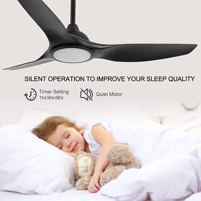 52 Inch High CFM Quiet Modern Black Ceiling Fan with Lights Remote Control | DC Motor, 6 Speed, Indoor 3 Blade Ceiling Fan for Bedroom Living Room