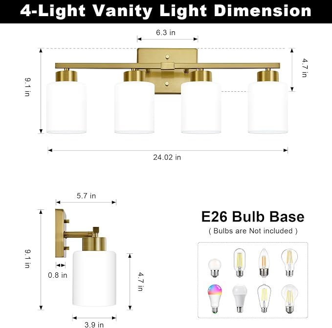 FonmYim Brushed Gold Bathroom Light Fixtures, 4-Light Modern Vanity Light Over Mirror, Wall Sconces with Milky White Frosted Glass Shades, E26 Socket (Bulbs Not Included)