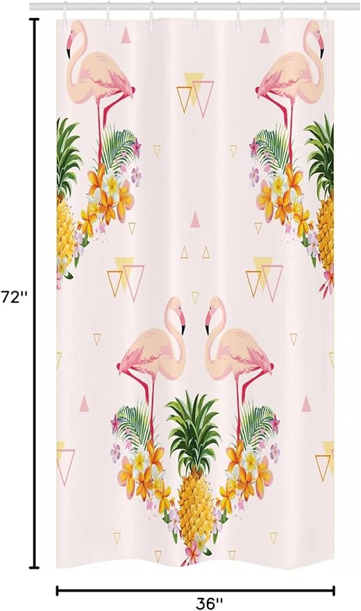 Ambesonne Flamingo Stall Shower Curtain, Floral Bird Motifs with Pineapple Hawaiian Flowers Bananas Triangles Retro, Fabric Bathroom Decor Set with Hooks, 36" W x 72" L, Pink Orange