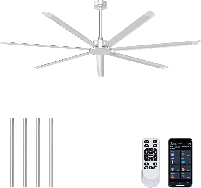 Ohniyou 96'' Industrial Ceiling Fan Without Light for Workshop, Silver | 17500 CFM Airflow, 7 Aluminum Blades, Remote/APP Control, 6 Speeds, Reverse Mode, Large Commercial Metal Fan for Gym, Shop