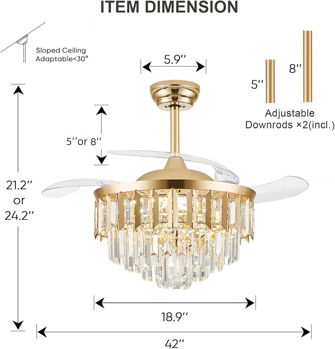 TXCSLY 42" Fandelier Ceiling Fan with Light, Crystal Chandelier Fan with Retractable Blades Dimmable Crystal Ceiling Fan Chandelier for Bedroom Living Room Dining Room-Gold