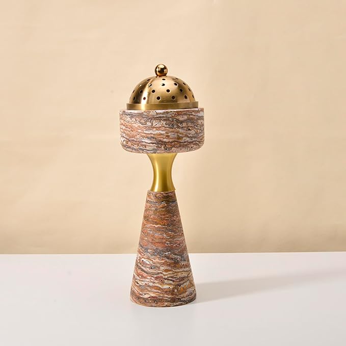 Sissi & yaya Marble Incense Burner with Brass Cover, 11 x 3.8 inches, Multi-Purpose Holder for Cones, Coils and Sticks (Light Brown)