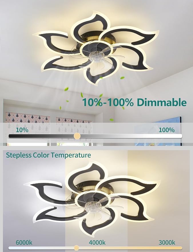 Flower Ceiling Fans with Lights and Remote, 34.5 Inch Modern Low Profile Flush Mount Ceiling Fan, Dimmable LED Ceiling Light Fixture, Small Ceiling Fans for Bedroom, Kitchen, Indoor-Black