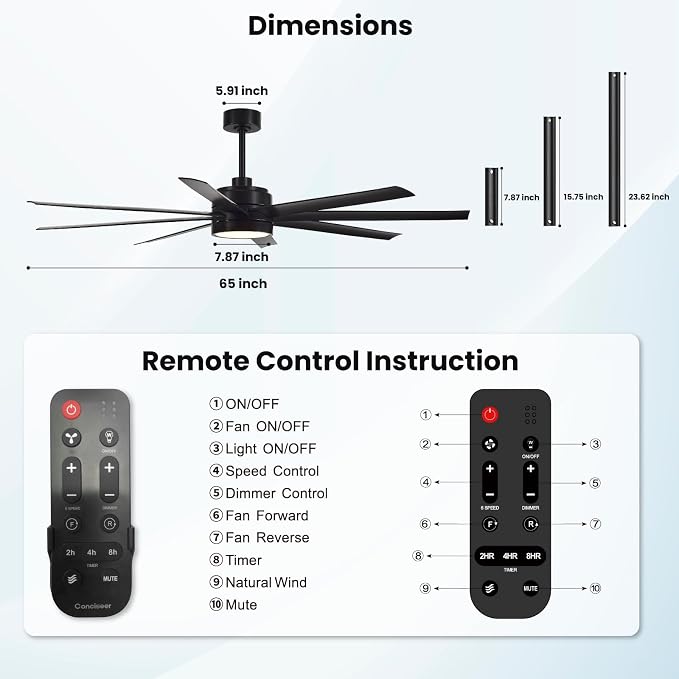 Modern Ceiling Fans with Lights, 65 Inch Ceiling Fan with Light and Remote for Bedroom Living Room Kitchen Office, Indoor/Outdoor Use, 24W 6CCT 8 Blades 6 Speed Reversible Quiet DC Motor, Black
