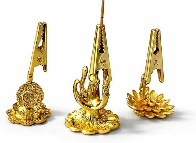 3pcs Incense Holder Clip - Brass Incense Burner Stand with Lotus Base for Yoga, Meditation, Home Office Decor, Aromatherapy Supplies