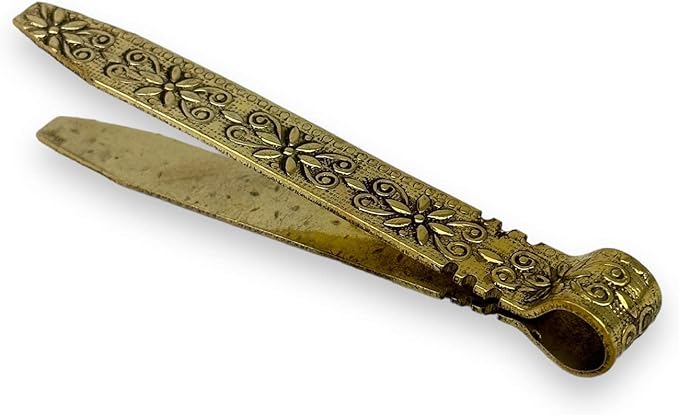 Vintage Brass Charcoal Tongs with Floral Engraved Handle - Antique Design Incense Tongs, 4.13 inches