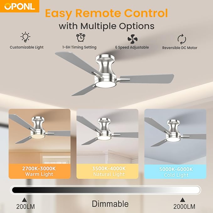 OPONL Ceiling Fan with Light, 42 inch Low Profile Ceiling fan with Light and Remote Control, Reversible, 6CCT, Dimmable, Noiseless, Nickel Ceiling Fan for Bedroom, Indoor/Outdoor Use, Modern