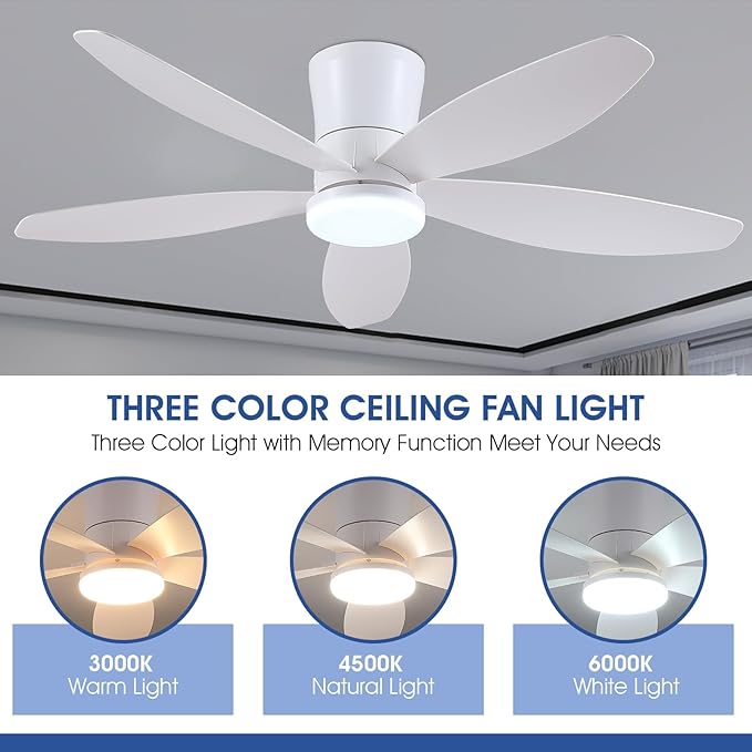 Surtime 48" Ceiling Fans with Lights-Low Profile Ceiling Fan with Light and Remote/APP Control,Flush Mount,DC Reversible,LED Dimmable Modern Ceiling Fans for Bedroom,Indoor/Outdoor Patio Use(White)