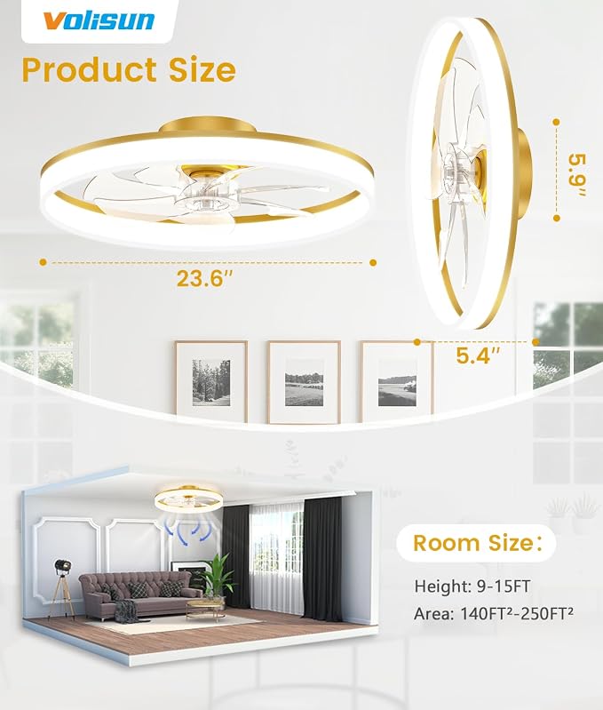 VOLISUN Low Profile Ceiling Fans with Lights and Remote, 24in Fandelier Ceiling Fan Flush Mount, 3000K-6500K Smart Bladeless LED Fan Light, Gold Modern Ceiling Fans with Lights for Bedroom