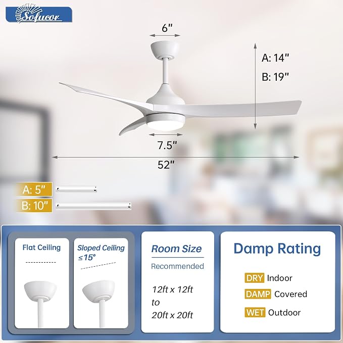 Sofucor 52 Inch Ceiling Fan with Light, Outdoor White Ceiling Fan with Lights Remote Control Airflow 6000CFM 3 CCT Dimmable 3-Timer ABS 3 Blades Reversible DC Motor for Living Room Bedroom Patio