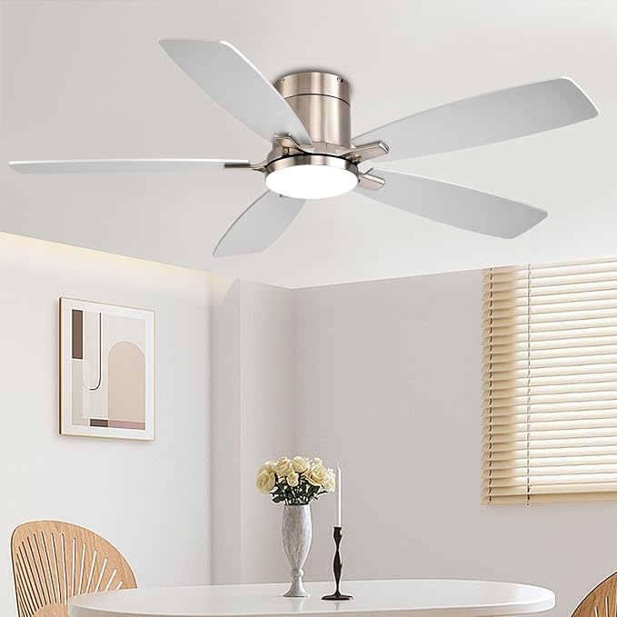 FUMLTP 52 inch Ceiling Fans with Lights, Flush Mount Ceiling Fan with Light and Remote/APP Control, DC Motor, Dimmable LED, Noiseless, Low Profile Ceiling Fan for Bedroom Indoor/Outdoor Use (Nickel