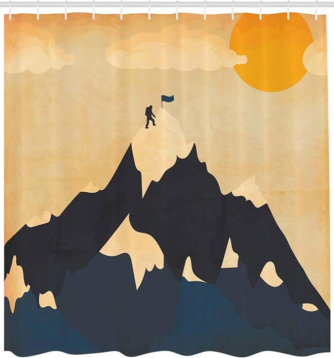 Ambesonne Vintage Shower Curtain, Man on Mountaintop with Flag Snowy Winter Sun Clouds Adventure Sports, Cloth Fabric Bathroom Decor Set with Hooks, 69" W x 75" L, Orange Mustard Dark Blue