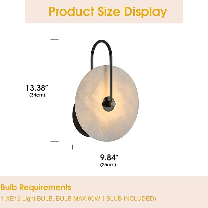 Round Alabaster Wall Sconce, Natural Marble Lampshade Wall Sconce, Hardwired Circular Sconce LED Modern Wall Lamp for Bedroom, Stairs, Living Room, Bedside, Hallway 9.84 Inch Black