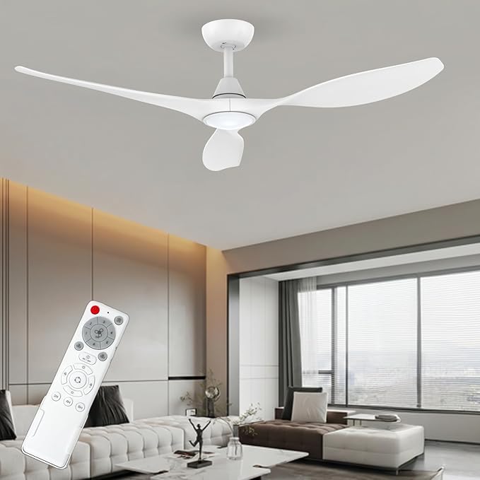 Roomratv Ceiling Fans with Lights and Remote Control,Quiet Noiseless Reversible DC Motor,6 Speeds,Timers, 3 CCT, Indoor Use, Plastic Blades,52 Inch White Modern Ceiling Fan for Bedroom Living Room