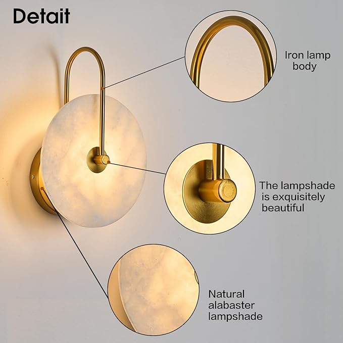 Round Alabaster Wall Sconce, Natural Marble Lampshade Wall Sconce, Hardwired Circular Sconce LED Modern Wall Lamp for Bedroom, Stairs, Living Room, Bedside, Hallway 7.84 Inch Gold