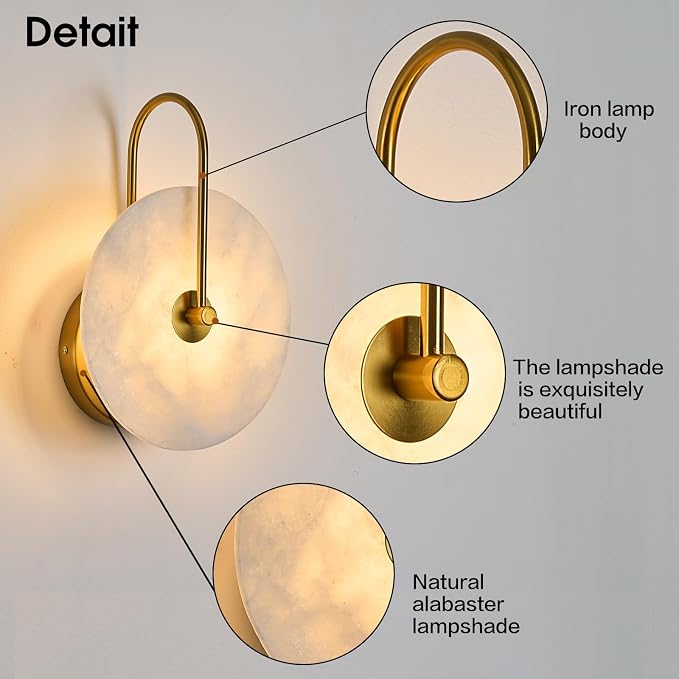 Round Alabaster Wall Sconce, Natural Marble Lampshade Wall Sconce, Hardwired Circular Sconce LED Modern Wall Lamp for Bedroom, Stairs, Living Room, Bedside, Hallway 9.84 Inch Gold