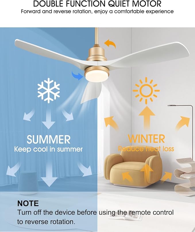 White and Gold Ceiling Fans with Lights and Remote, 52inch Modern Gold Ceiling Fan ETL Listed, 3 Downrods, 3 blade Gold Fan Reversible Quiet DC Motor, Timer,6-Speed for Outdoor Indoor,52in,White Gold