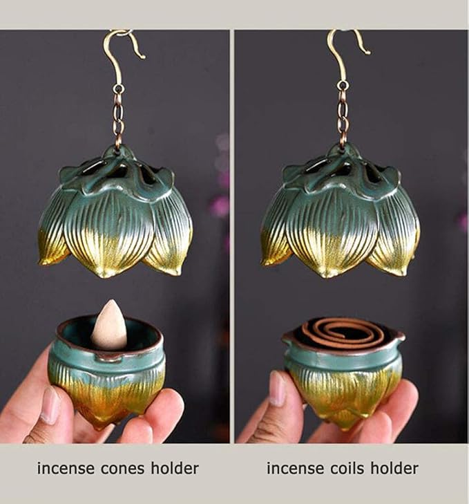 Primst Lotus Furnace Hollow Hanging Ball Incense Burner, Ceramic Backflow Incense Cones and Incense Coil Holder for Home Office Ornament Decoration