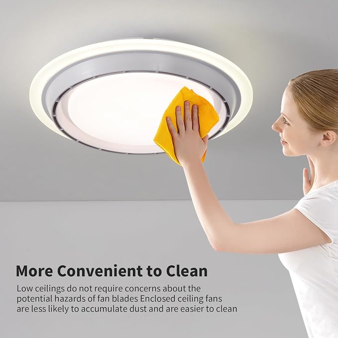 AHAWILL Low Profile Ceiling Fan with Light,19.29in Bladeless Ceiling Fan with Remote Control,Enclosed Flush Mount Fandelier,6 Wind Speed,Dimmable LED Lights,White,for Bedroom Dining Room