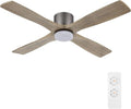 WINGBO 48 Inch Flush Mount DC Ceiling Fan with Lights and Remote, 4 Reversible Carved Wood Blades, 6-Speed Noiseless DC Motor, Hugger Ceiling Fan in Graphite Finish with Gray Blades