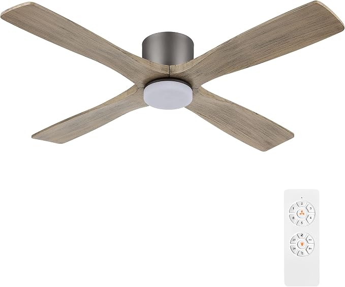WINGBO 48 Inch Flush Mount DC Ceiling Fan with Lights and Remote, 4 Reversible Carved Wood Blades, 6-Speed Noiseless DC Motor, Hugger Ceiling Fan in Graphite Finish with Gray Blades