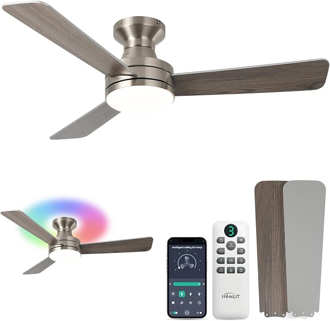 42 inch RGB Ceiling Fan with Light, Smart App & Remote Control Low Profile Flush Mount, Music Sync Lighting, 6-Speed Quiet Reversible DC Motor, 4CCT Dimmable for Home Office Party