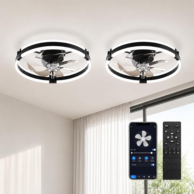 Bladeless Ceiling Fan with Light, 20 Inch Low Profile Flush Mount Fan 2Pack | Modern Small Ceiling Fan with Dimmable Light, 6 Speeds, Reversible Airflow, App and Remote Control for Dedroom Black